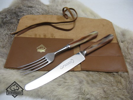 Schönes altes Lunch Set bestehend aus einer Gabel und einem Messer mit poliertem Horngriff.